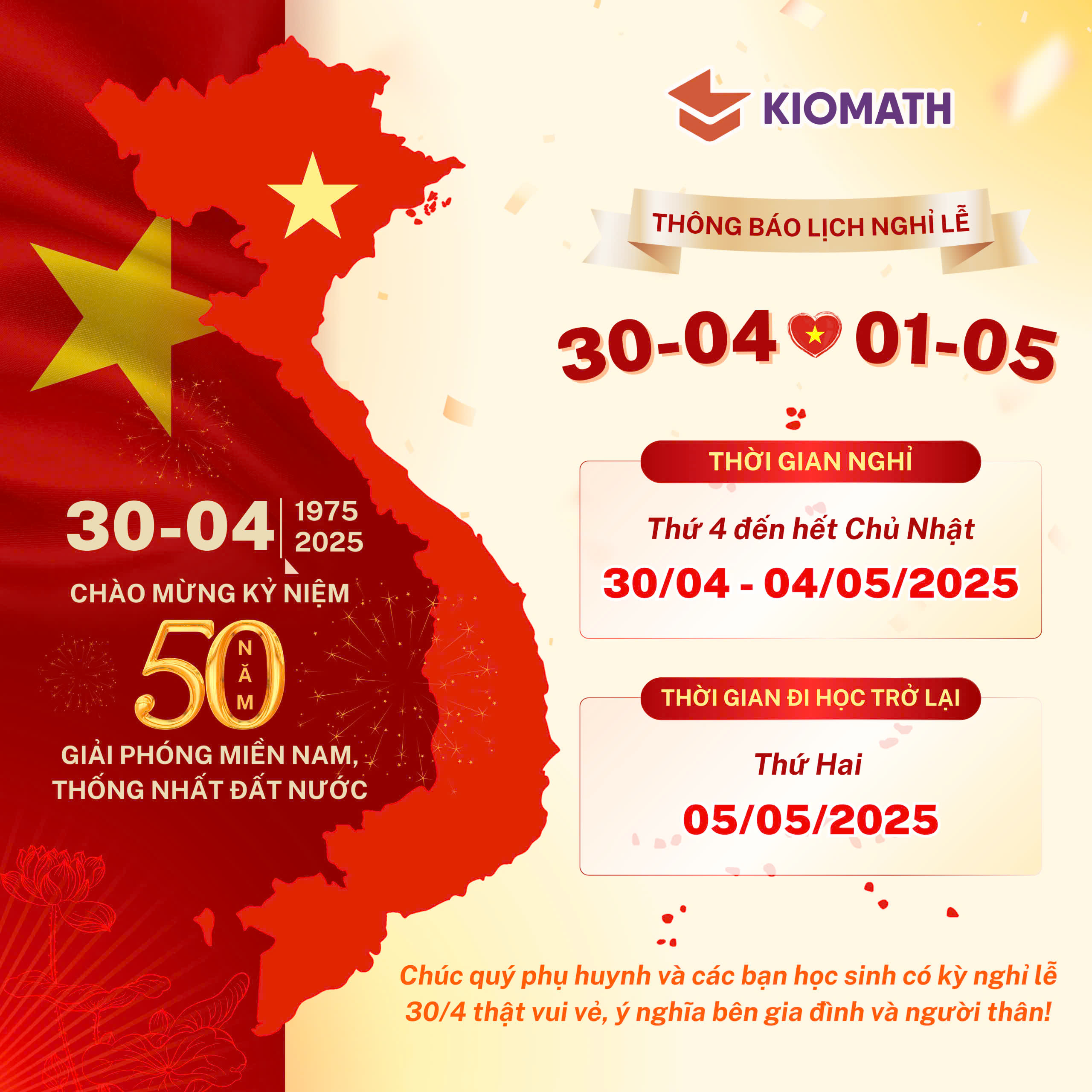 THÔNG BÁO NGHỈ LỄ 30/04 - 01/05